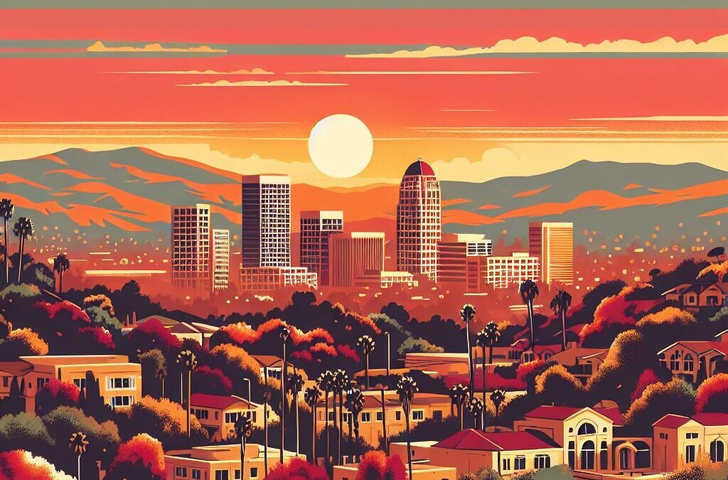 Costa Mesa skyline at sunset