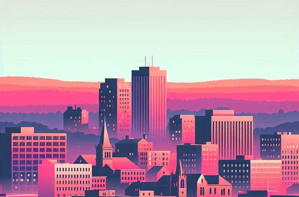 Worcester skyline at sunset